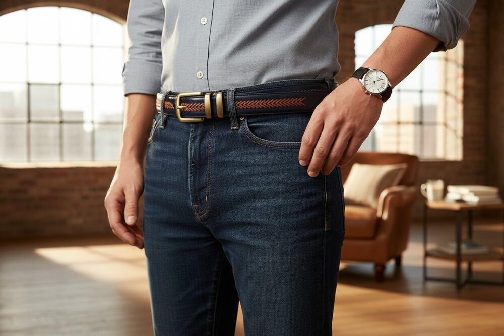 Belts By Sherman Italian Leather Belt Mens Black Woven Chevron Brass Buckle